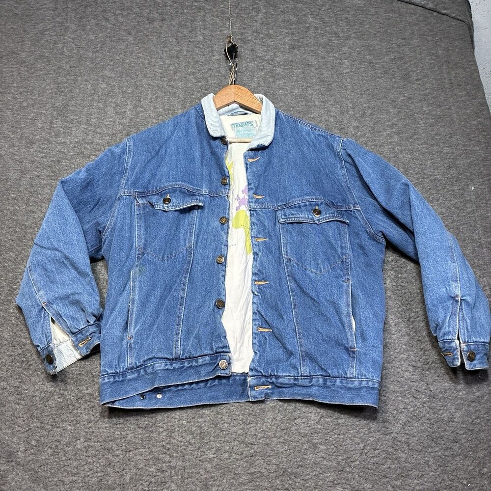 Vintage Trumps Sport Denim Jacket Men Medium 80s 90s World Map‎ Lining Rare
